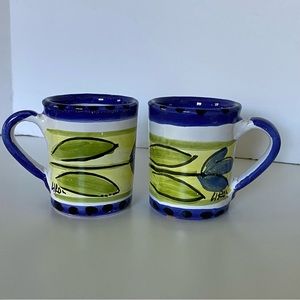 Mugs Made in Italy Hand painted Pottery pair Blue floral Manufacturer Flaw 3.5”